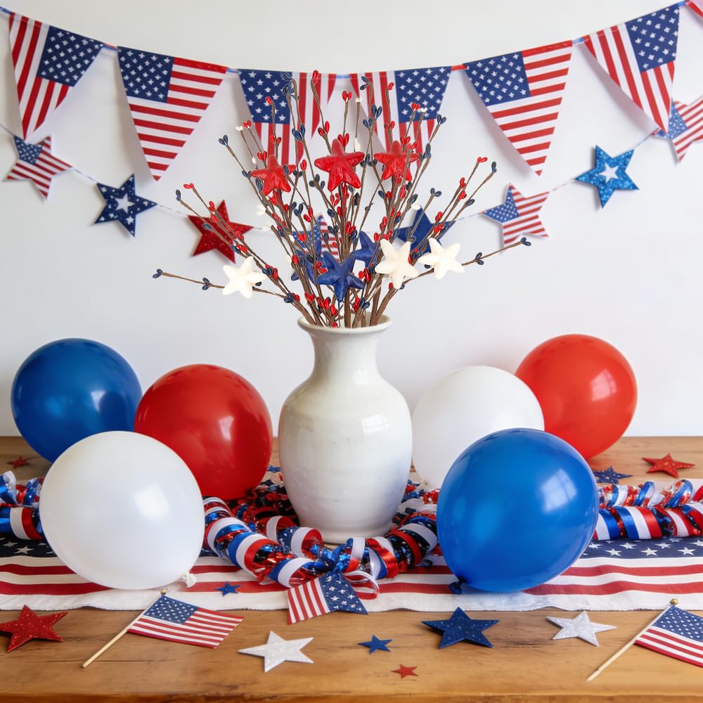 Independence Day Decorations, Artificial Patriotic Floral Picks with Blue Red White Berries 17 Inch Star Berry Stems for 4th of July Independence Day Patriotic Party Home Table Centerpiece Decor