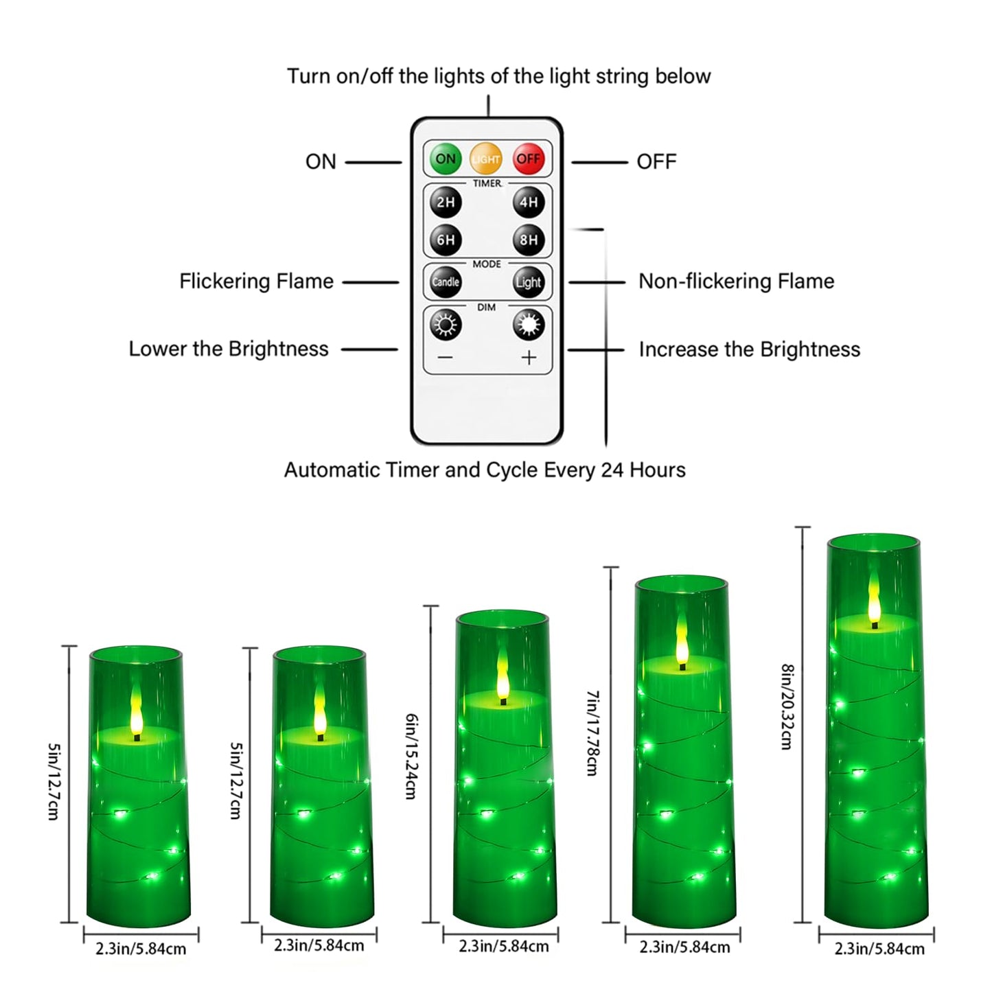 kakoya Flameless LED Candles with Timer 5 Pc Flickering Flameless Candles for Romantic Ambiance and Home Decoration Stable Acrylic Shell,with Embedded Star String，Battery Operated Candles（Green）