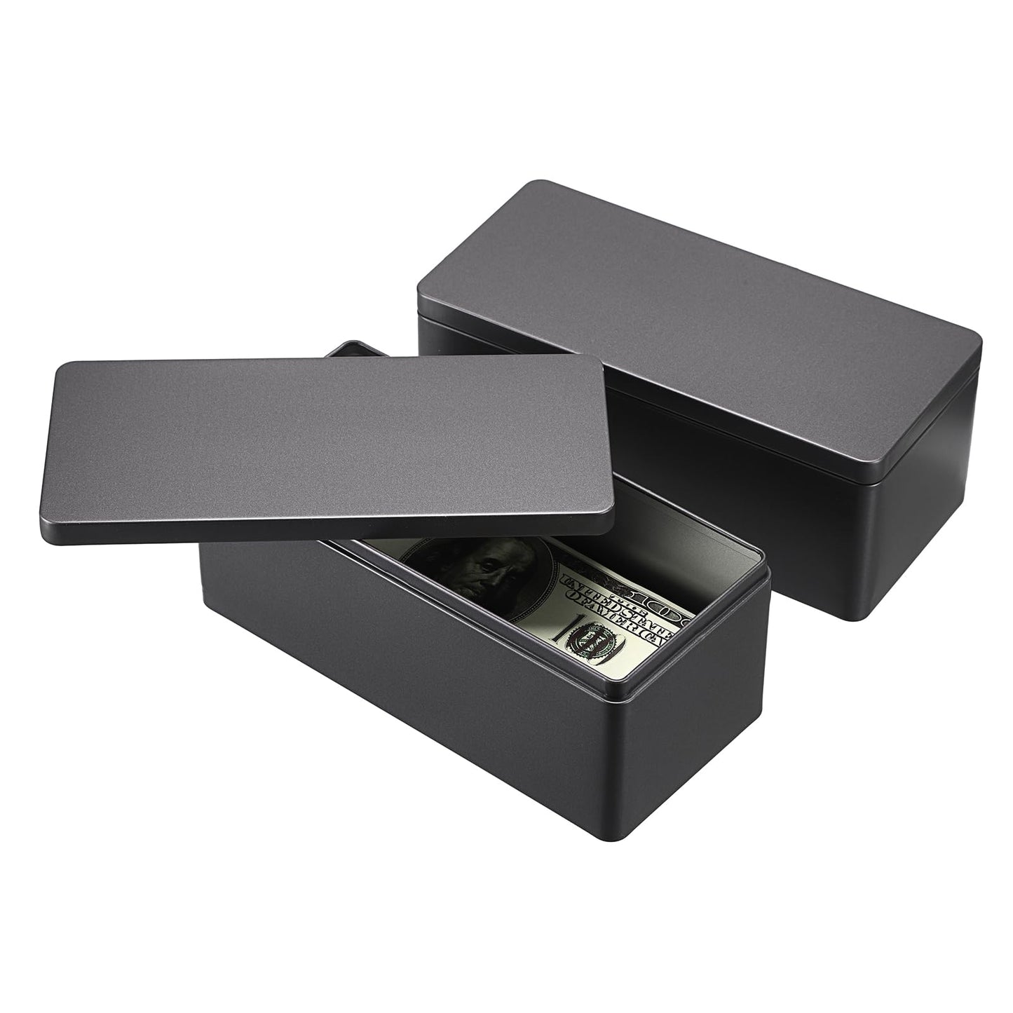 Hipiwe 2 Packs Black Metal Cash Box Rectangular Money Organizer with Lid Currency Storage Box Empty Box Container for Coin Bill Dollar Stamp Jewelry