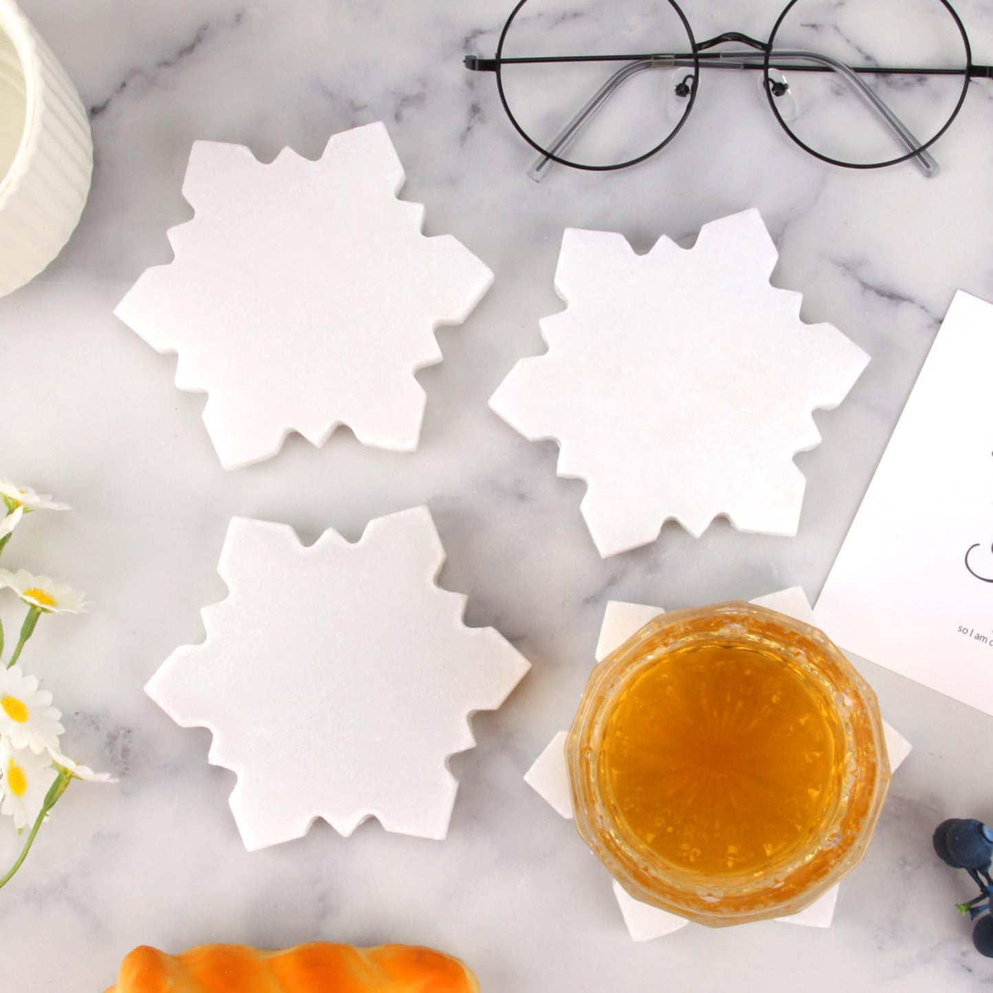 Marble Coasters Set of 6-4 Inch Snowflake Design White Natural Stone Drink Coasters, Modern Luxury Outdoor Cup Coaster Table Protection for Coffee Tab (6, 4 Inch) (6, White, Snowflake)