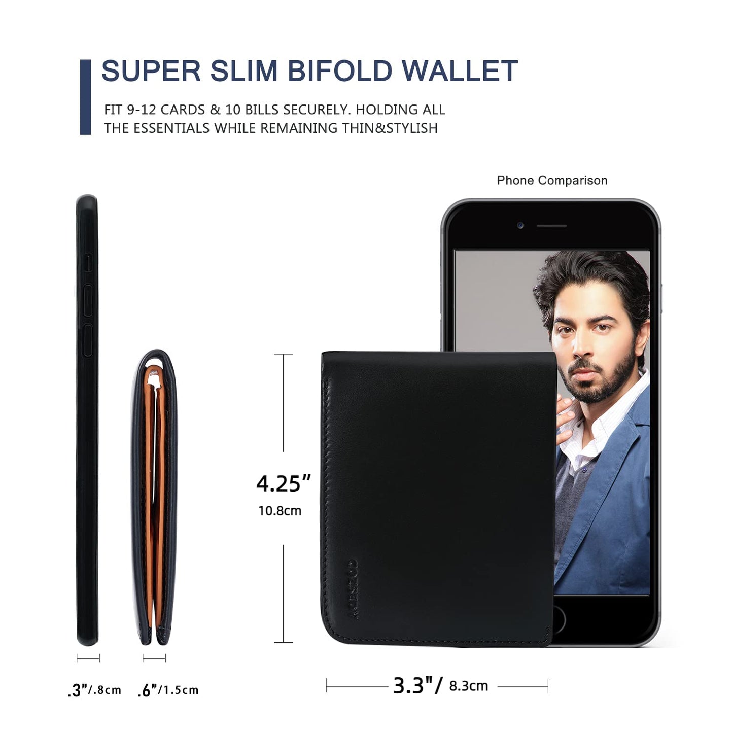 COZSEDY Calfskin Slim Wallets For Men RFID Blocking Leather Minimalist Front Pocket Mens Bifold Wallet Easy Access Ladder Card Slots (Black)