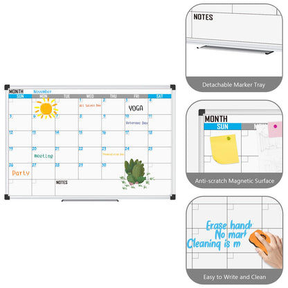 XBoard Magnetic Calendar Whiteboard 36" x 24" - Monthly Calendar Dry Erase Board, Reusable Colorful Calendar Board, Silver Aluminium Framed Monthly Planning Board