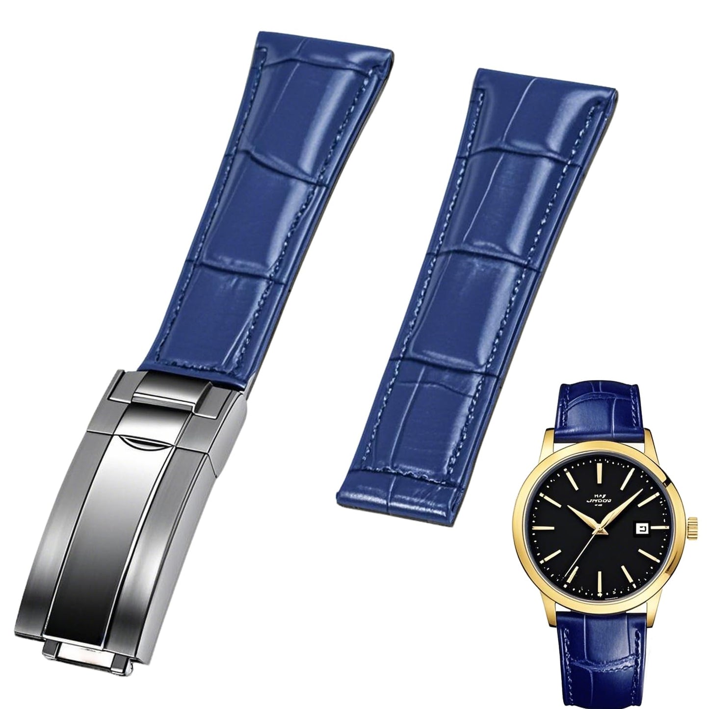 Juntan 20mm Leather Watch Band for Men Women, Premium Calfskin Genuine Leather Watch Strap Replacement Bands Straps Blue with Oyster Perpetual Deployment Clasp