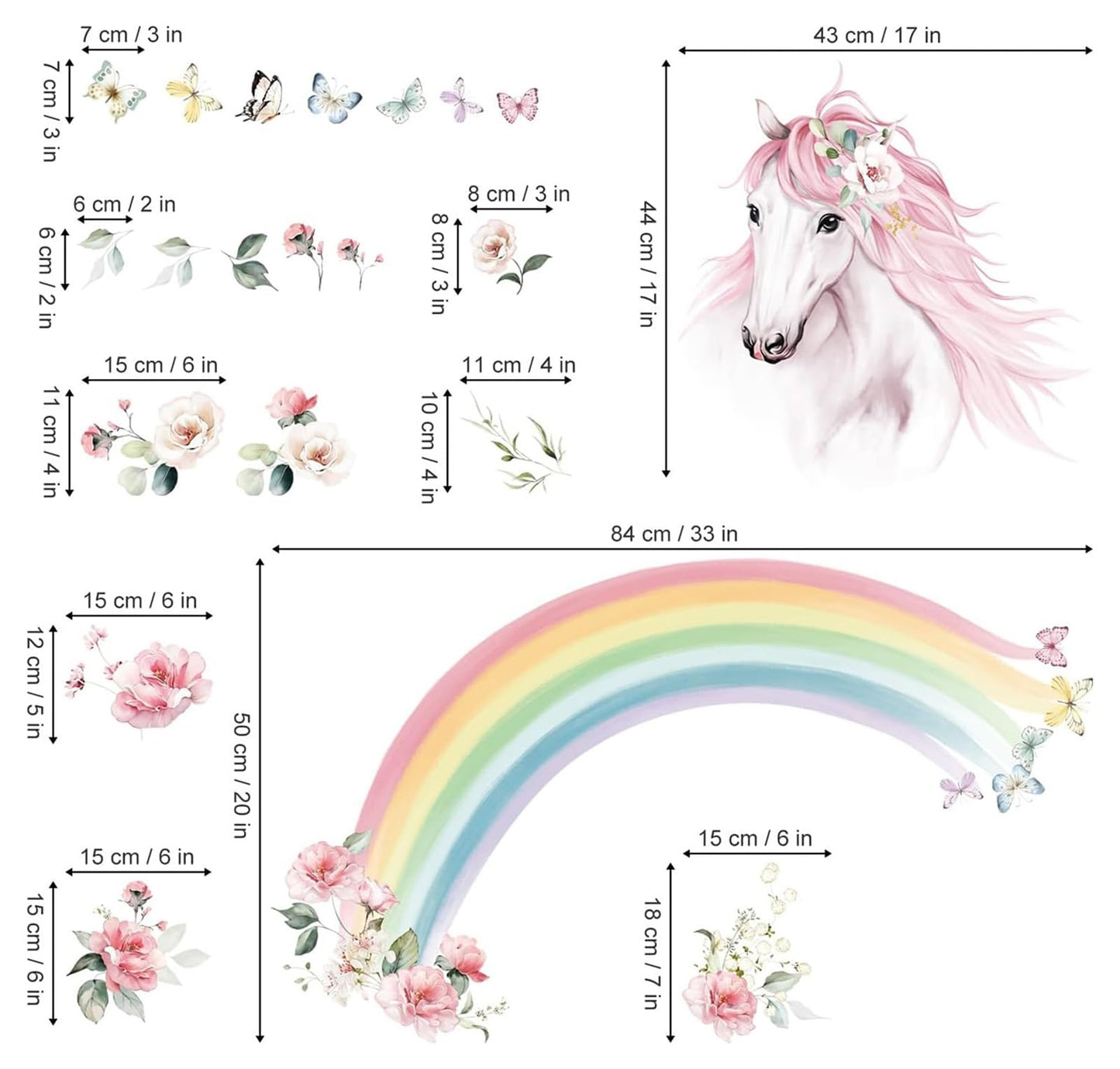 wondever Large Rainbow Wall Decals Horse Flower Peel and Stick Wall Art Stickers for Girls Bedroom Kids Room Baby Nursery