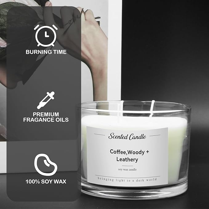 Premium 3-Wick Scented Candle 420g, Jar Aromatherapy Candle Birthday Gifts for Men and Women, Long Lasting 50H, Soy Wax Natural Essential Oil Blend for Home Office Spa (Coffee+Woody+Leathery)