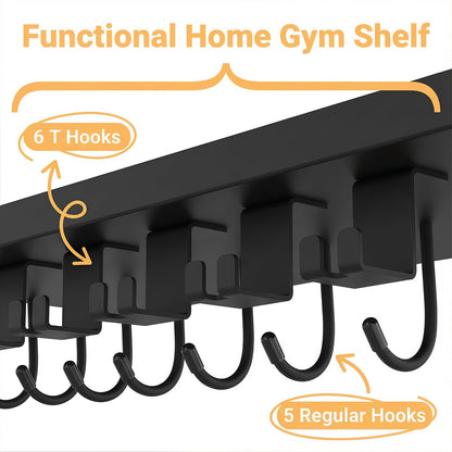SSNEWOG Floating Shelf Organizer Compatible with Tonal Accessories,16.9x6Home Gym Weight wall Storage Equipment Hanger, Metal Rack Holder Wall Mount with 5 T-Lock Brackets & Hooks Hanger (Black)