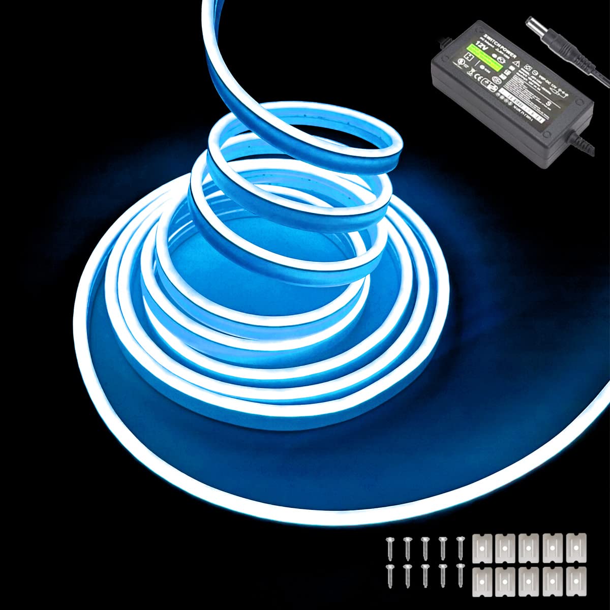 Maxlaxer Ice Blue Neon LED Strip Lights, 16.4ft 12V Waterproof Flexible Light for Indoor/Outdoor Decoration (Includes Power Adapter)