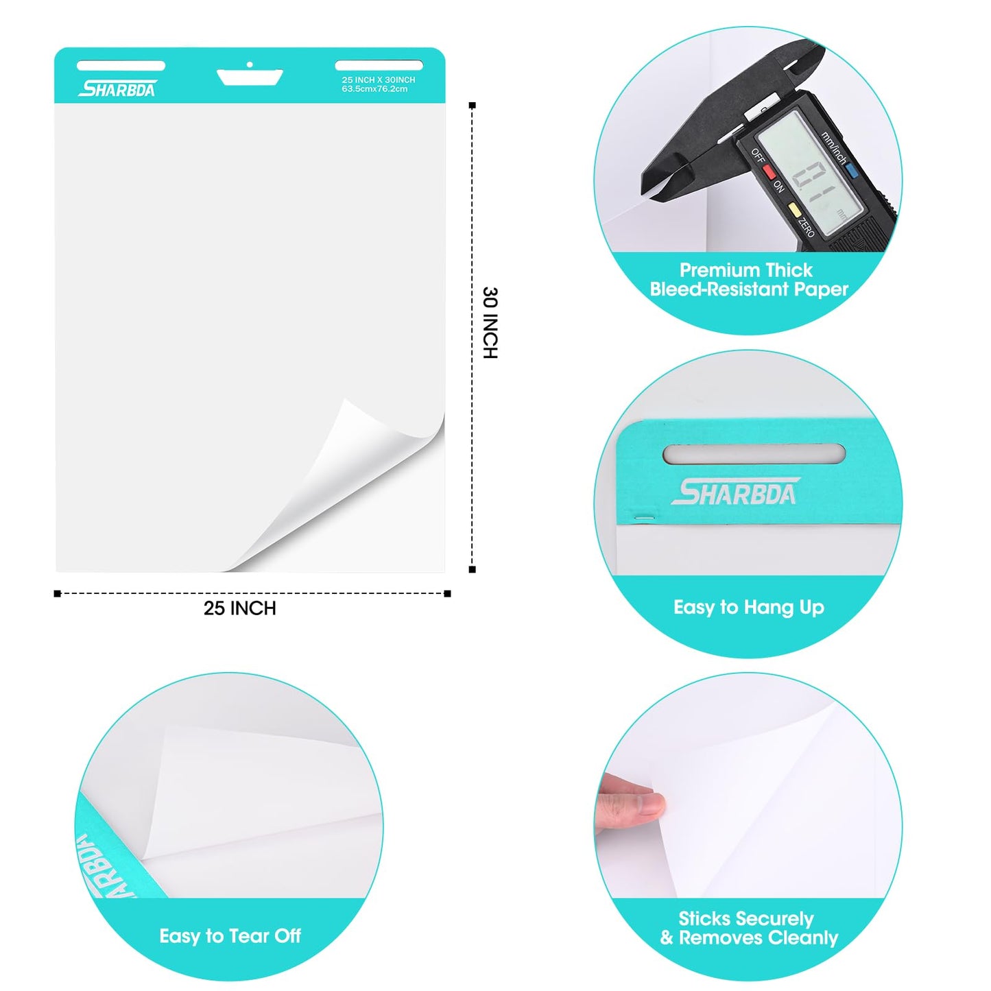 SHARBDA Sticky Easel Pad, 25 in x 30 in,Flip Chart Paper,Sticky Chart Paper for Teachers, Large Self-Stick Easel Paper,Super Sticky & Bleed-Resistant,30 Sheets/Pad,2 Pads
