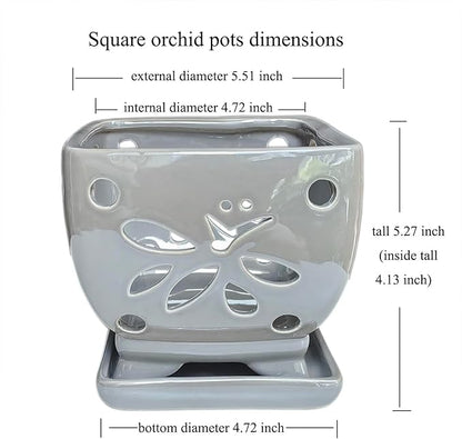 Orchid Pots with Holes Square Ceramic Orchid Planter Pots 5.5 inch (Gray)
