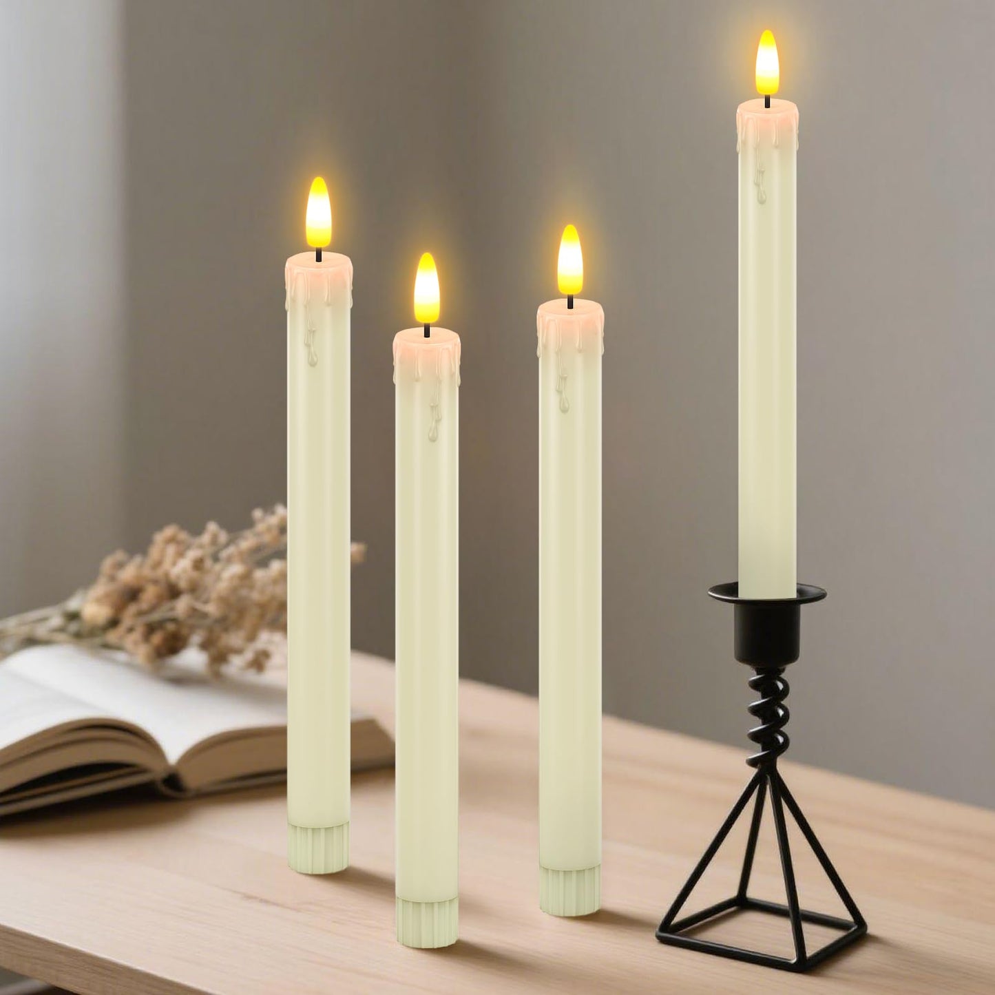 HL Flameless Taper Candles with Remote Timer, 450H+ Long Lasting Battery Operated LED Candlesticks with Warm 3D Flickering Flame, 9.6" Window Candles for Halloween Christmas Home Decor (Ivory 6Pcs)