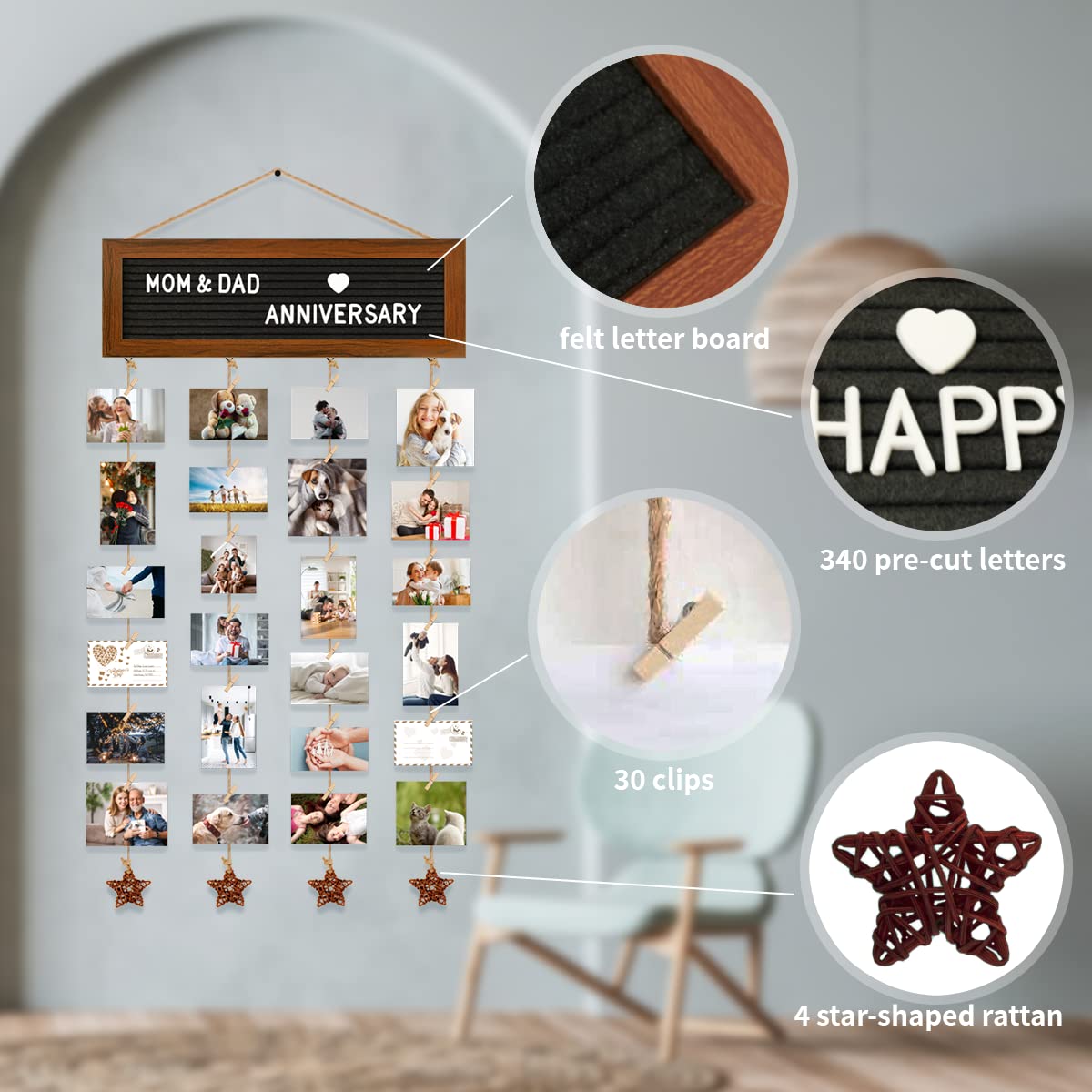 CJIAWYS Picture Frames Collage Wall Decor Photo Collage Frame Hanging Photo Display, Felt Letter Board with 340 Letters and 30 Clips, Unique Rustic DIY Photo Frames for Family Best Friends