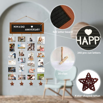 CJIAWYS Picture Frames Collage Wall Decor Photo Collage Frame Hanging Photo Display, Felt Letter Board with 340 Letters and 30 Clips, Unique Rustic DIY Photo Frames for Family Best Friends
