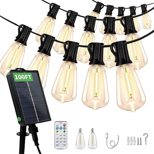 100FT Solar String Lights Outdoor Waterproof, 50+2 Shatterproof with Edison Bulbs,Solar Powered Outdoor Lights with Remote, LED String SolarLights for Garden, Backyard, Parties (100FT)