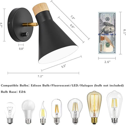 Wall Sconce Set of 2, Wall Sconce Lighting Fixture with Metal Shade, Rotary Switch, Indoor Decor Wall Mount Swing Arm Lamp for Bedroom,Hallway,Living Room,Reading, Black