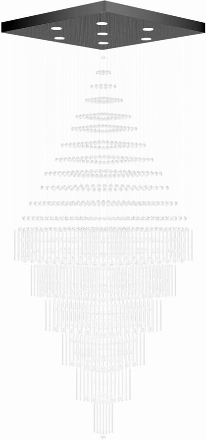 Flashing God D48''X H120'' Extra Large Chandeliers for High Ceilings Black Square Chandeliers Crystal Raindrop Chandelier for Villa Entrance Foyer LED Dimmable 2700K-6000K