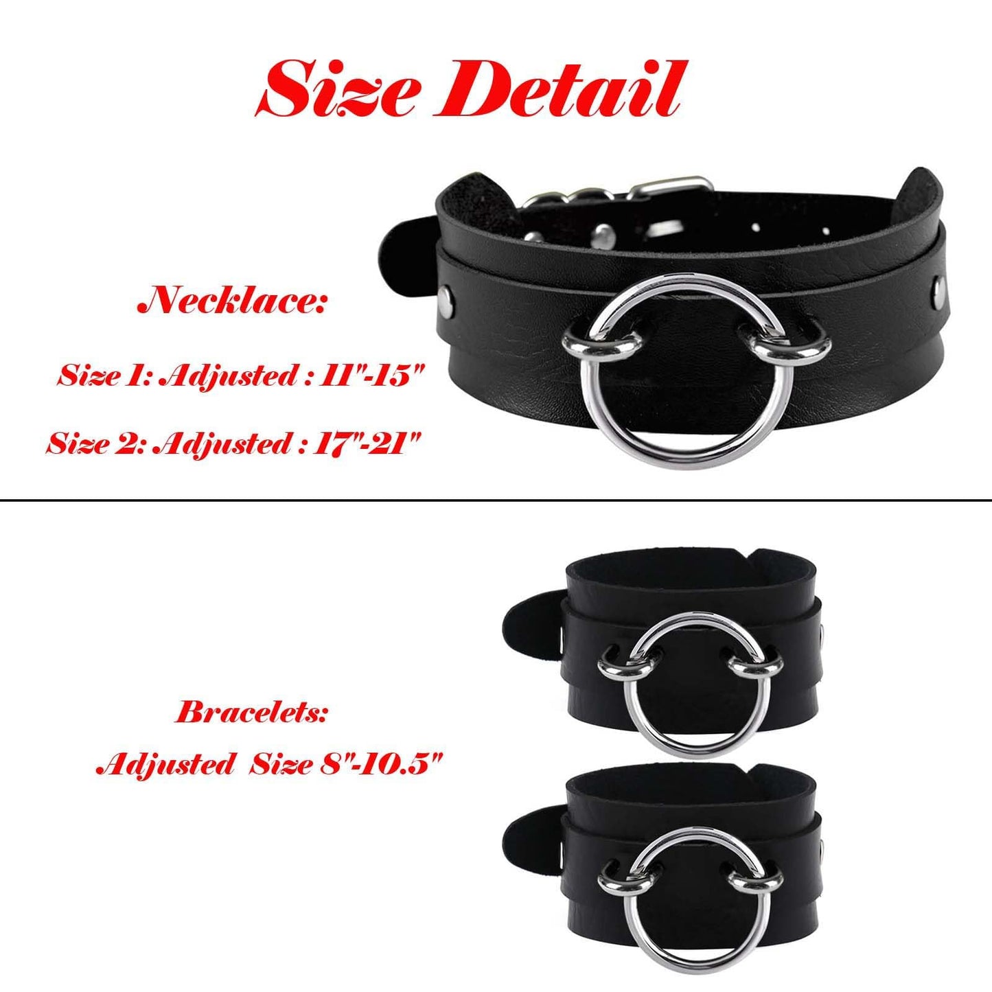 Tosmifairy Black Wide Soft Faux Leather Collar Choker Adjustable Thick PU Necklace and Bracelets Set for Women Men,Circle Ring Charm (Adjusted Neck: 17-21 Inches)