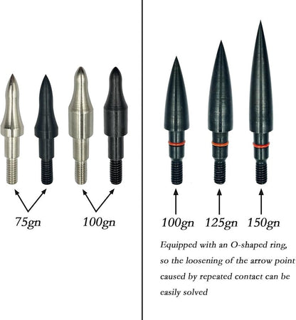 Archery Points - 12pcs Stainless Steel 5/16 Inch Screw-in Bullet Tips for Crossbow, Recurve & Compound Bow | 75/100/125/150 Grains
