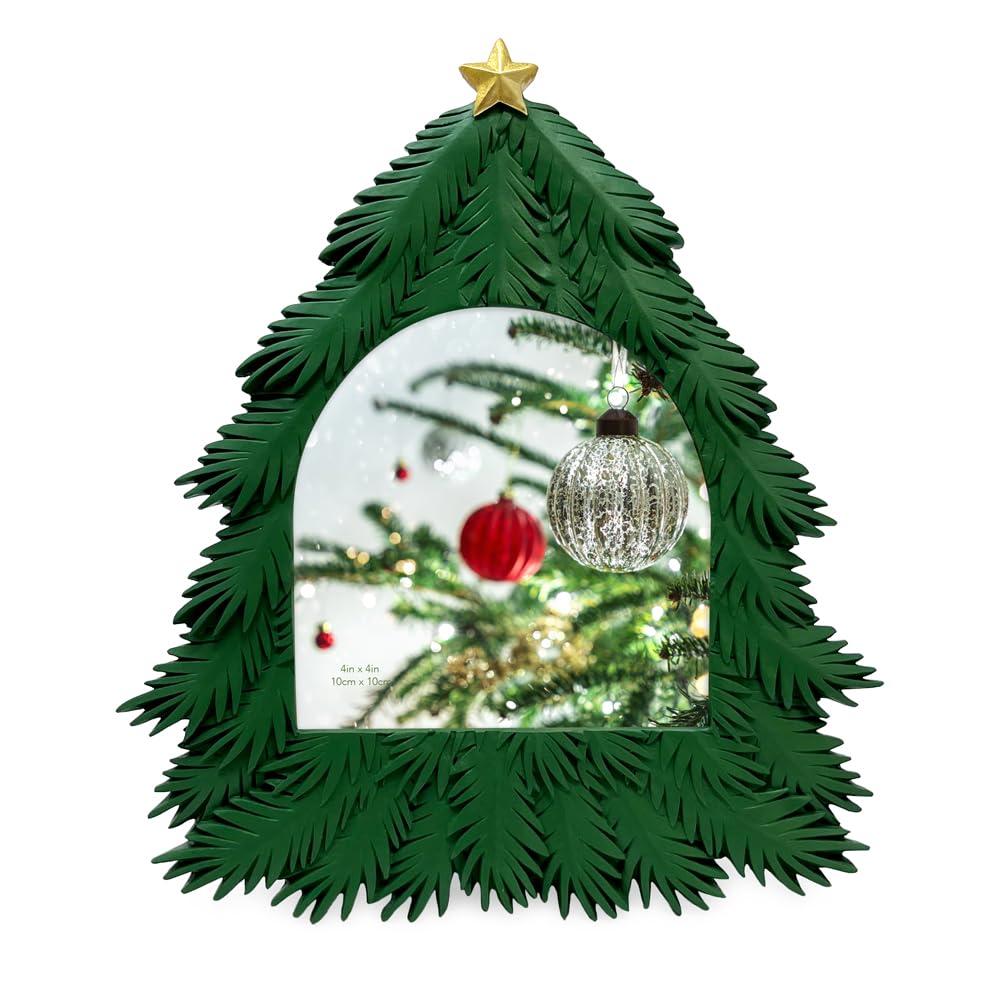 Isaac Jacobs 4x4 Holiday-Inspired Christmas Tree Picture Frame, Green with Gold Star, Tabletop and Wall Display, Home Décor, Resin Frame, Holidays (4x4, Green, with Arched Photo Window)