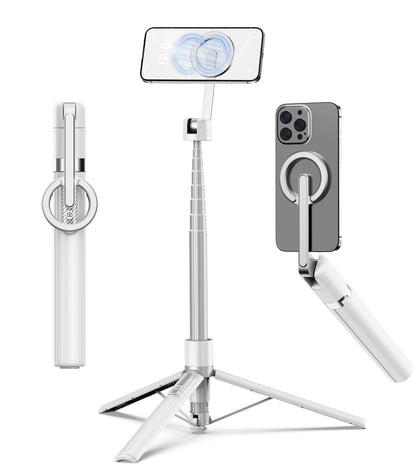 TONEOF 68" Magnetic Selfie Stick Tripod with Aluminum Strong Magnetic Holder for Magsafe, 360° Rotatable Travel Phone Tripod Stand with Metal Ring & Rechargeable Remote for iPhone/Android(Beige Gray)