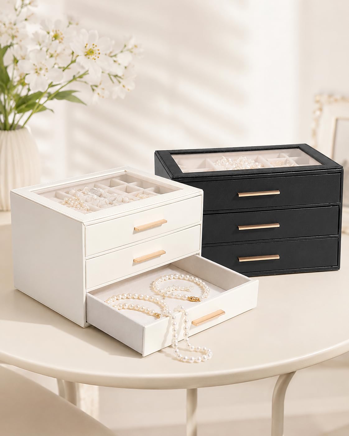 GUOER Jewelry Box for Women, Glass Lid Jewelry Organizer with 3 Drawers PU Jewelry Storage Case for Necklaces Rings Earrings Bracelets, Mother's Day, White