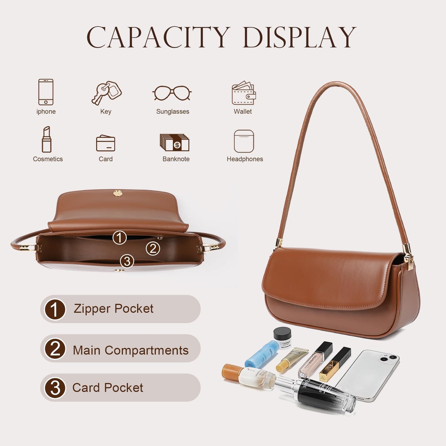 MoreFarther Leather Shoulder Bags for Women, Mini Cute Everyday Purses Trendy, Women's Hobo Handbags with Magnetic Closure (Black)