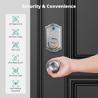 Keyless Entry Door Lock with Handle Set - Fingerprint Door Locks, Electronic Keypad Deadbolt, Smart Locks for Front Door, Auto-Lock & One Touch Locking, Easy Installation - Satin Nickel