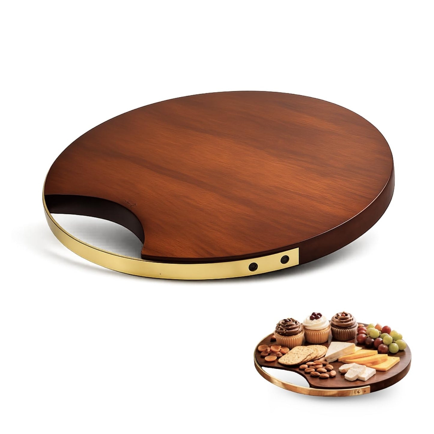 nestroots Round Wood Tray, Teak Wooden Serving Tray with Handle, 14" Serving Platter, Appetizer Charcuterie Board, Organizer Tray for Kitchen/Countertop