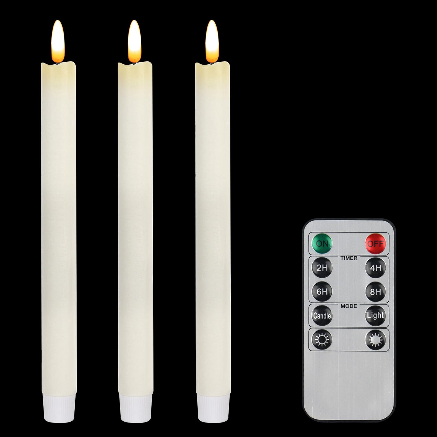 CVHOMEDECO. Real Wax Flameless Taper Candles with 10-Key Remote, Battery Operated Led Flickering 3D Wick Light Window Candles Home Christmas Party Decor 0.78 x 10 Inch, Pack of 3, Ivory