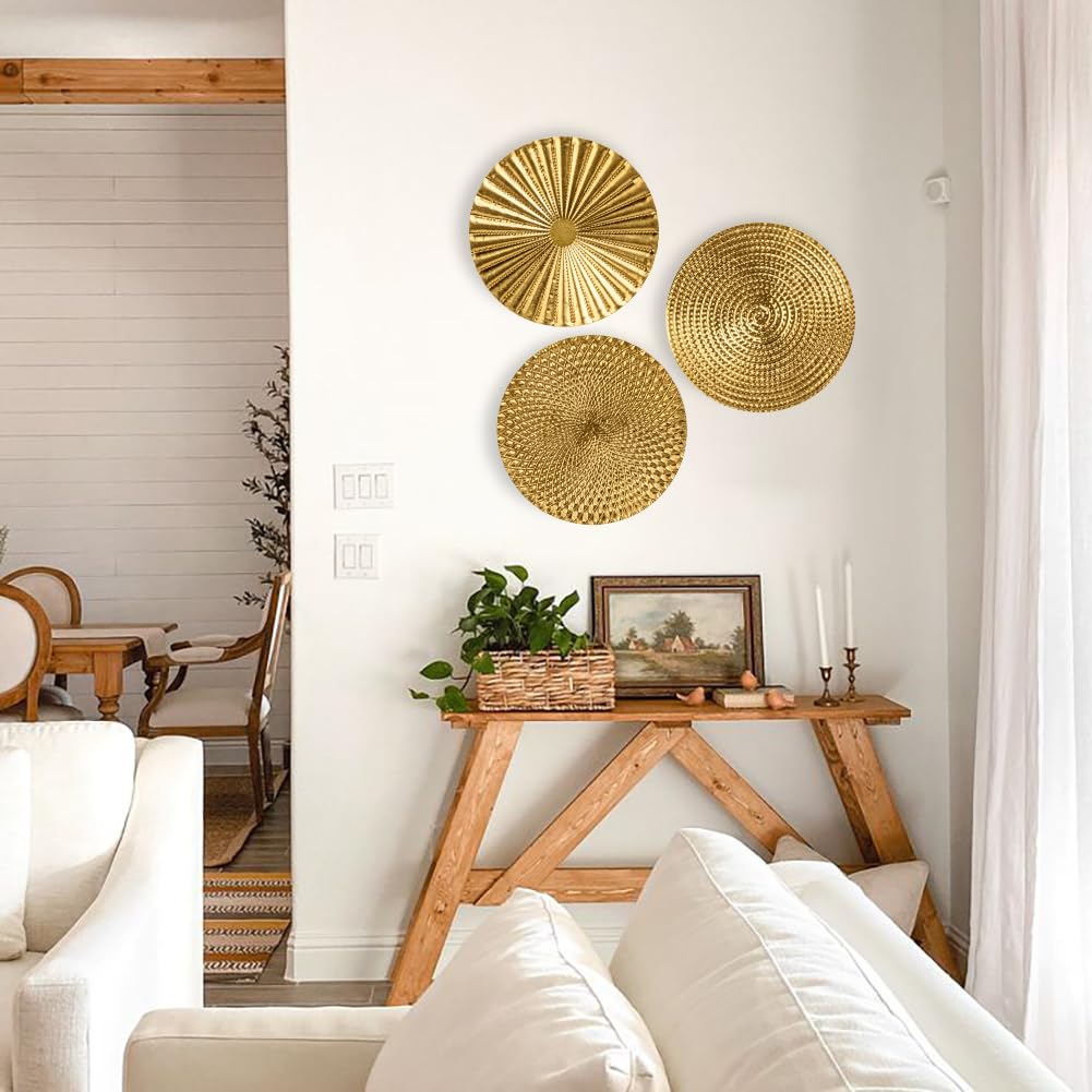 Briful 12" Gold Wall Décor Pack of 3 Metal Starbursts Radial Plate Wall Art Modern Accent Hanging Wall Decorations For Home Office Bedroom Or Living Room Wall Sculptures