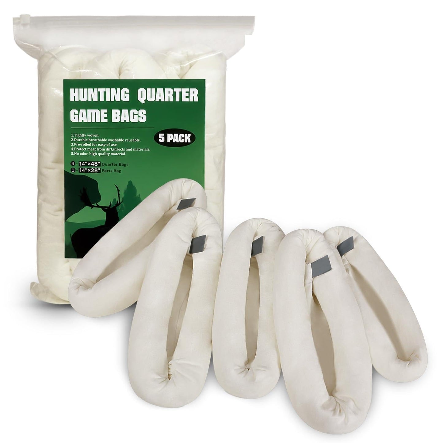 Gociean Game Bags Elk Hunting Meat Bags, 48inch 5-Pack Rolled Heavy Duty Quarter Bag, Reusable & Breathable Meat Game Bag with Reflective Strip for Elk, Caribou, Deer, Moose, Antelope, Duck