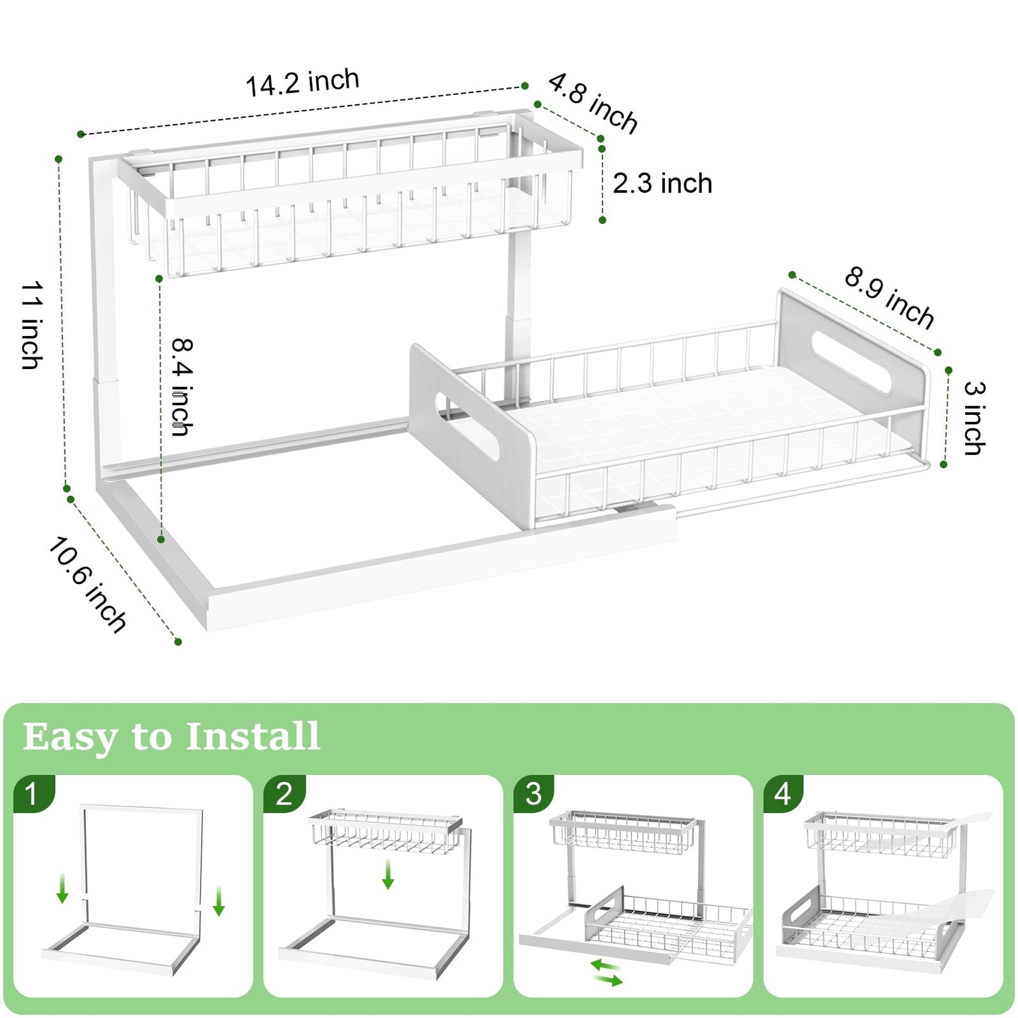 REALINN Under Sink Organizer, Pull Out Cabinet Organizer 2 Tier Slide Out Sink Shelf Cabinet Storage Shelves, Storage for Kitchen Bathroom, White, 2 Pack