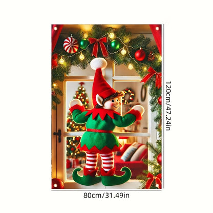 Tomhong Christmas Elf Window Banner 31x47 Inch Holiday Decoration Snowy Scene with Garland and Lights for Indoor Outdoor Home Wall or Window Display Cozy Christmas Decor
