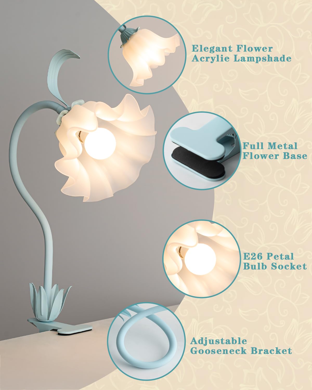 WERFOP Flower Lamp Clip on Light, 3 Color Modes Eye-Caring Desk Lamp with Clamp, Dorm Room Essentials, Flexible Neck Reading Clamp Lamps for College Bedside Bookshelf Studying Room (Powder Blue)