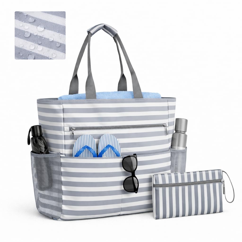 Waterproof Sandproof Beach Tote Bag for Women, Large Foldable Beach Bag with Zipper & Pockets, Packable Travel Pool Bag, Cruise Beach Bag Carry-On for Vacation, Gym & Beach, 9 Smart Pockets (Grey)