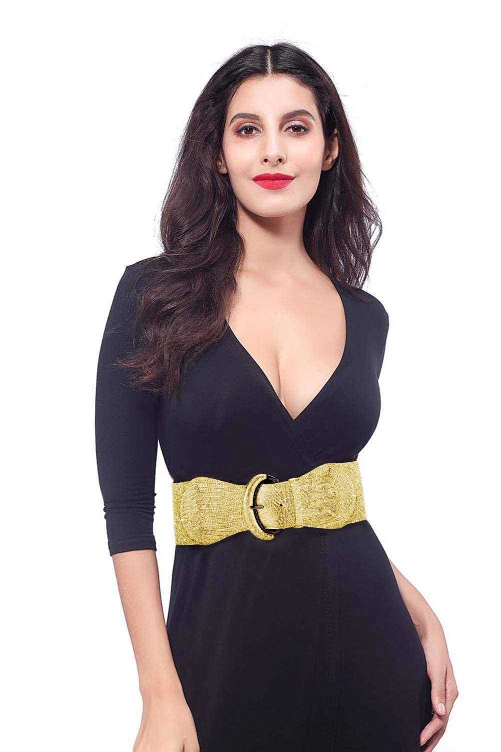 VOCHIC PU Leather Elastic Gold Wide Belt for Women Ladies Dress Stretch Thick Waist Belts