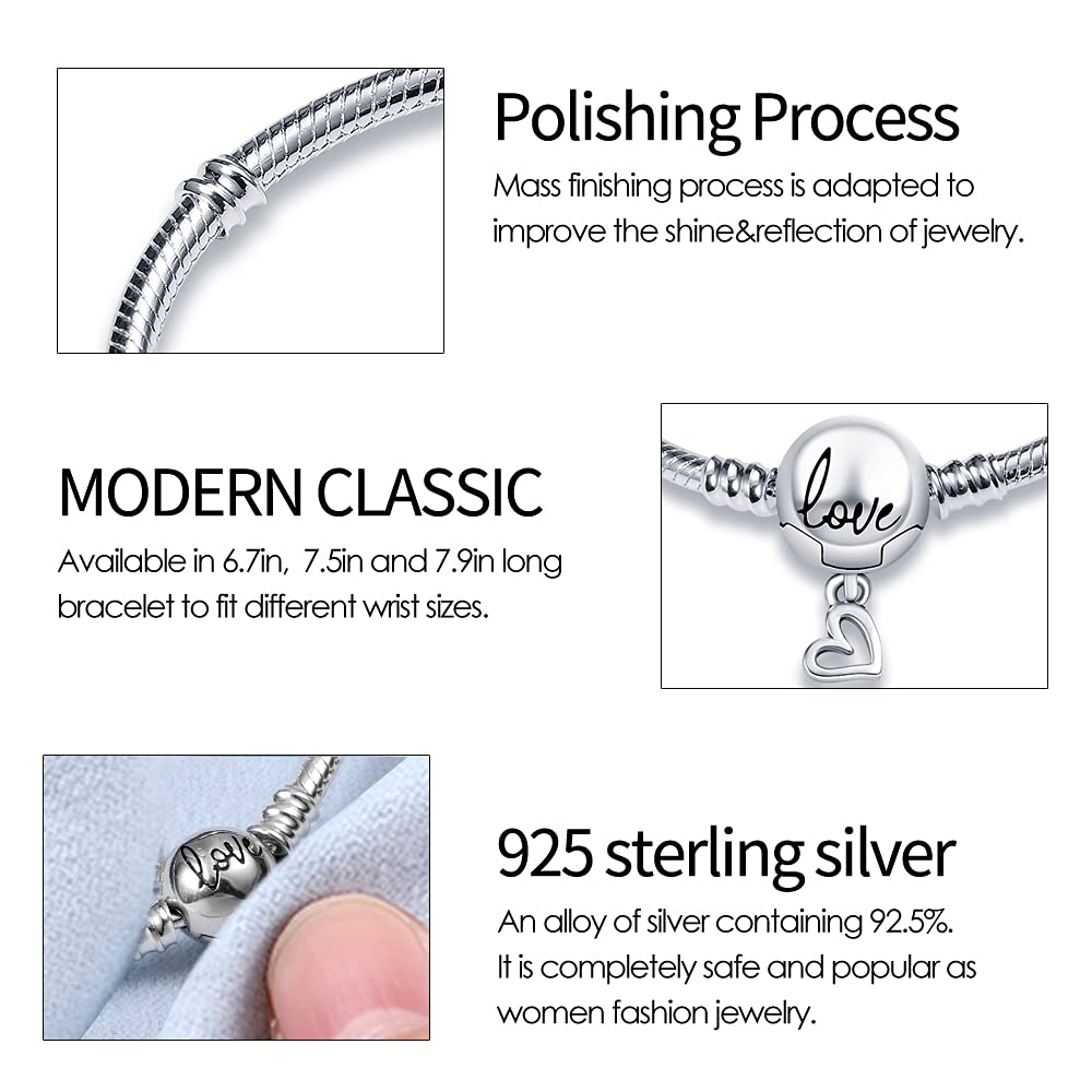 KUNSIR 925 Sterling Silver Snake Chain Bracelet with Love Round Buckle Charm Bracelets for Women Teen