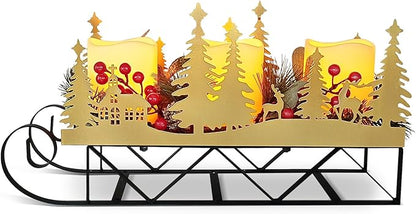 Christmas Sleigh Centerpiece Table Decorations with Flickering Led Candle Lights Xmas Sleigh Silhouette Candelabrum for Dinning Room, Table, Fireplace, Mantel Holiday Decoration