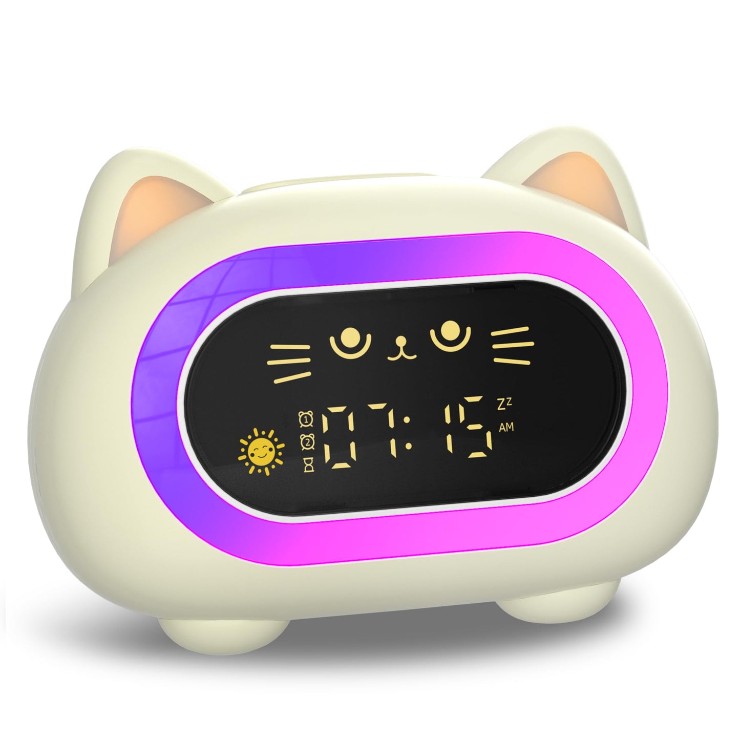 Honesorn Alarm Clock for Kids, Ok to Wake Clock for Kids, Cute Cat Kids Alarm Clock for Girls Boys Toddler, Kids Clock with 10 Night Lights, 7 Soothing Sounds, Auto-Off Timer, Child Lock, Cream White