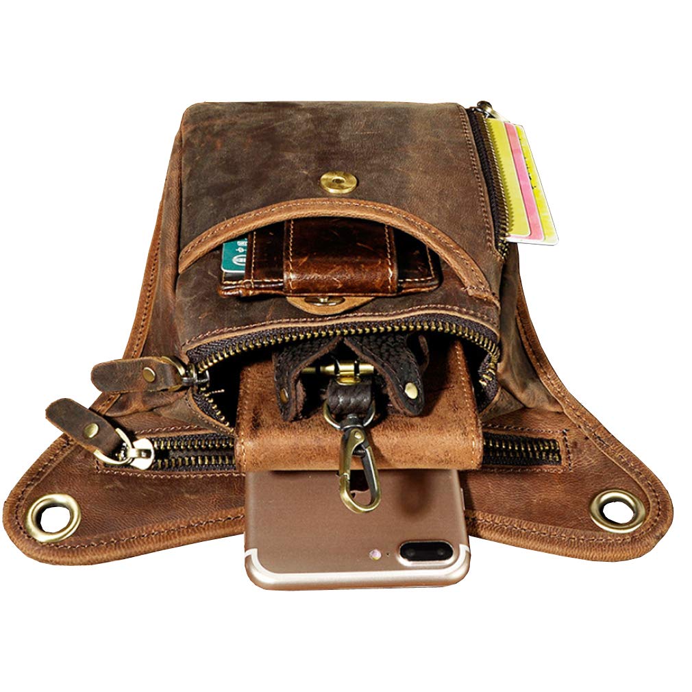 Hiking Waist Pack Leather Drop Leg Bag for Men Women Multi-Purpose Motorcycle Bike Outdoor Travel Sports Tactical Riding Hiking Camping Belt Bum Pouch Small Shoulder Bag Deep Brown