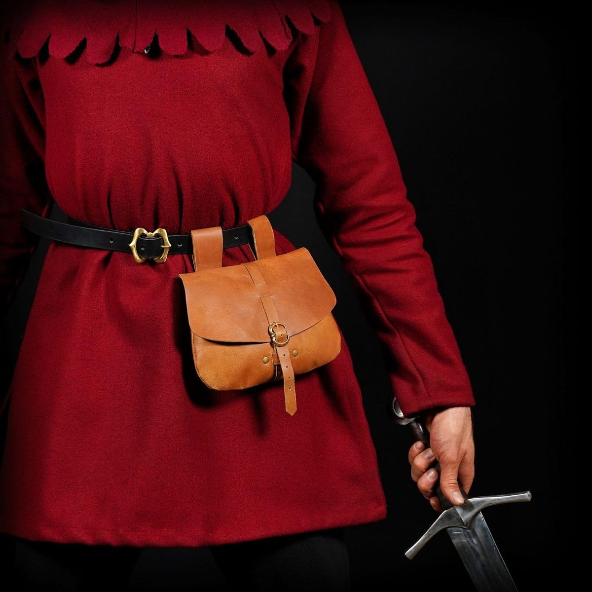Mythrojan Medieval Leather Belt Pouch Vintage Waist Bag for LARP, Renaissance Fairs, Costumes, Cellphone Holder, Travel Wallet, Fanny Pack, Holster Purse Durable & Stylish Pouch - Brown, 6.2" x 7"