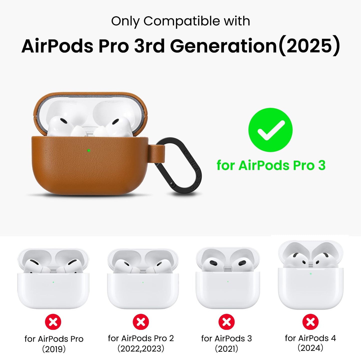 ORNARTO Compatible with AirPods Pro 3 Case, Full Protective Vegan Leather Cover for Airpods Pro 3rd Generation (2025), Front LED Visible, Brown Leather