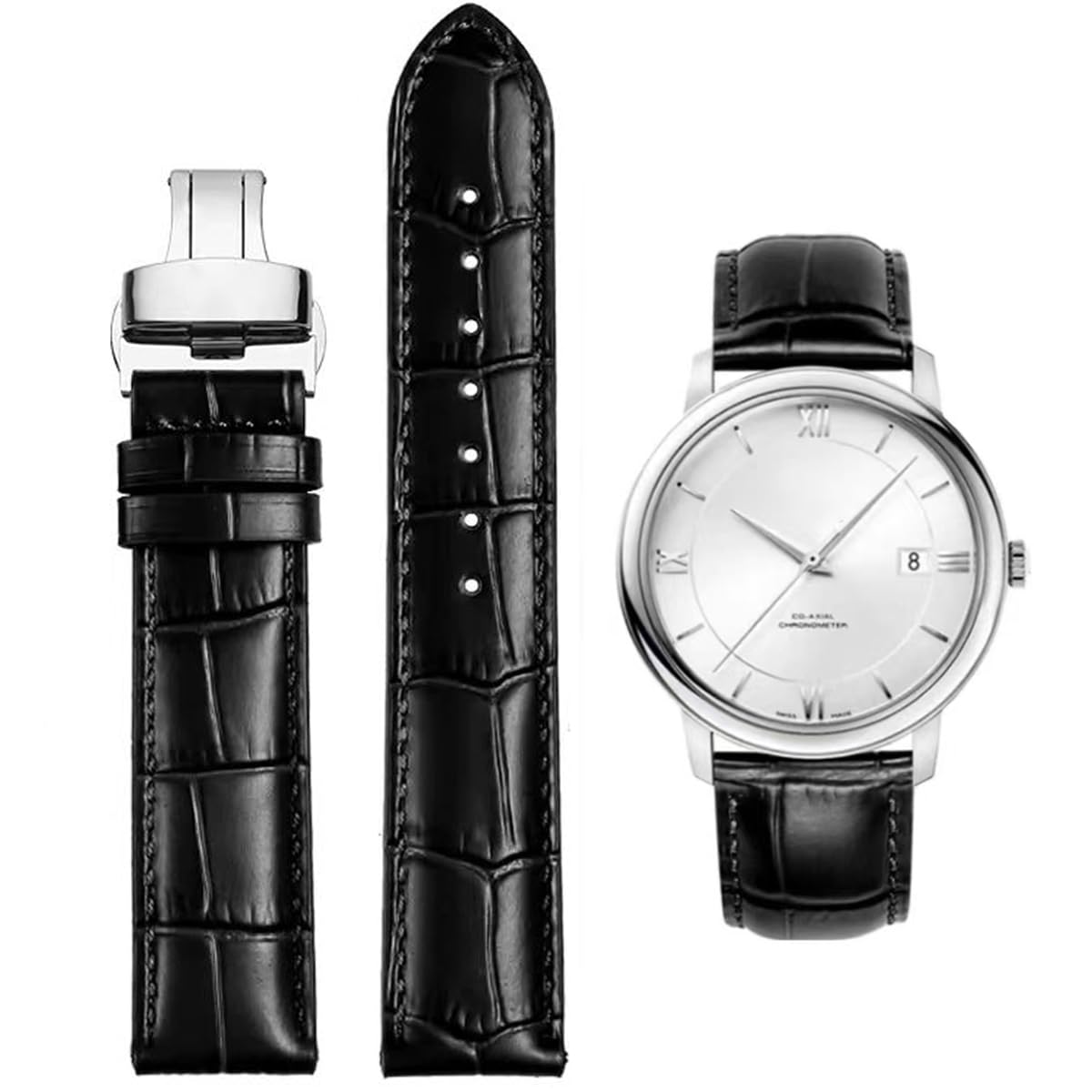 HEYOZURY Watch Bands Genuine Leather Embossed Alligator Grain Calfskin Deployment Buckle Replacement Strap for Women Men Bracelet Men's and Women's Watch Straps 14mm to 24mm