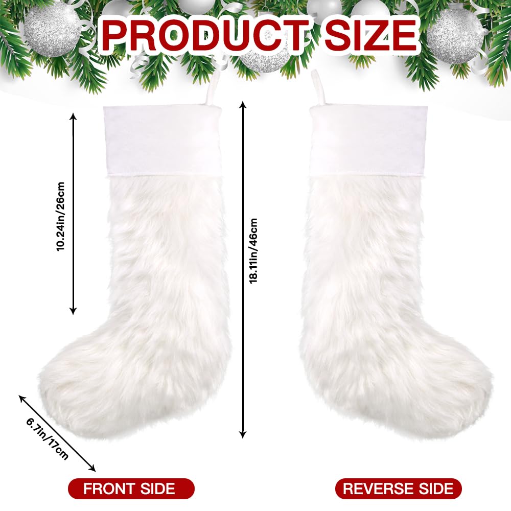 Teeanzo 4 Pcs Christmas Plush Stockings 18 Inch Large Snow White Faux Fur Xmas Stocking with 4 Styles Textured Patterns Holiday Classic Hanging Ornaments Socks for Xmas Home Party Fireplace Decor