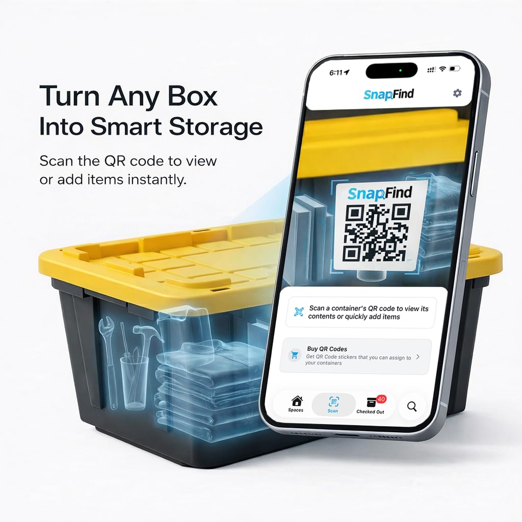 SnapFind Smart QR Code Labels – AI Auto-Labeling, No Typing! Storage Bins & Moving Containers – iOS and Android App – 48 Color-Coded Stickers (2.5" x 2.5")