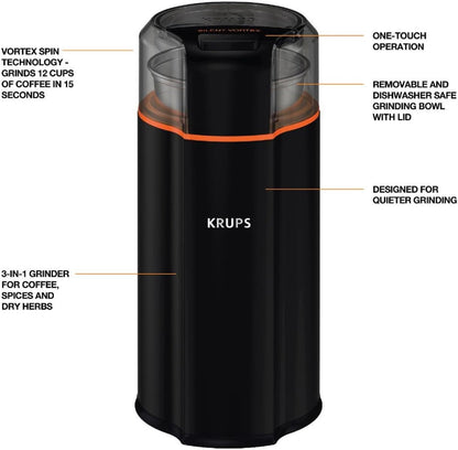KRUPS Precision Electric Coffee Grinders, 3 oz Capacity, 200W Motor, Stainless Steel Blades for Uniform Grinding of Beans, Herb and Nuts, Coffee and Spice Grinder Electric, (Black)