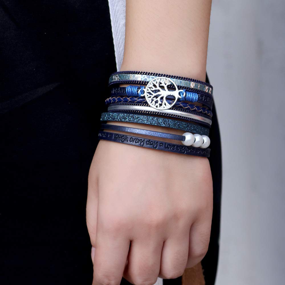 Fesciory Leather Wrap Bracelets for Women, Boho Leopard Multi-Layer Crystal Beads Cuff Bracelet Jewelry (Tree of Life(Blue))
