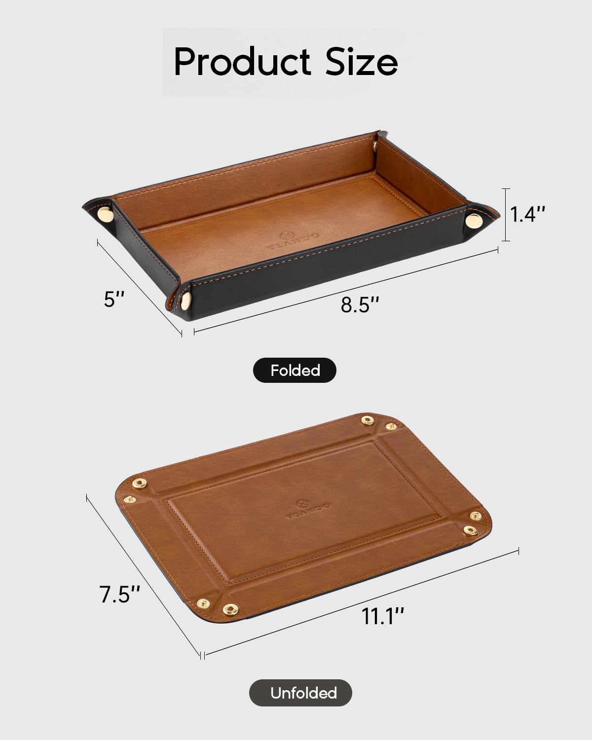 VLANDO PU Leather Valet Tray, 8.5 x 5 x 1.5 Inch Catchall Organizer for Men, Desk Nightstand Dresser Holder for Keys Phone Wallet Watch Coins, Entryway Gift