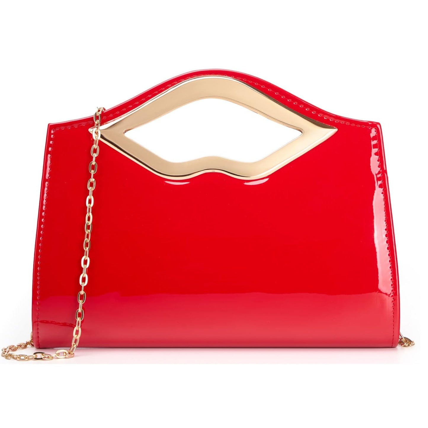 DETARA Patent Leather Evening Clutch Purse for Women Lip Metal Grip Handle Handbag for Cocktail Party Prom (Red 1386)
