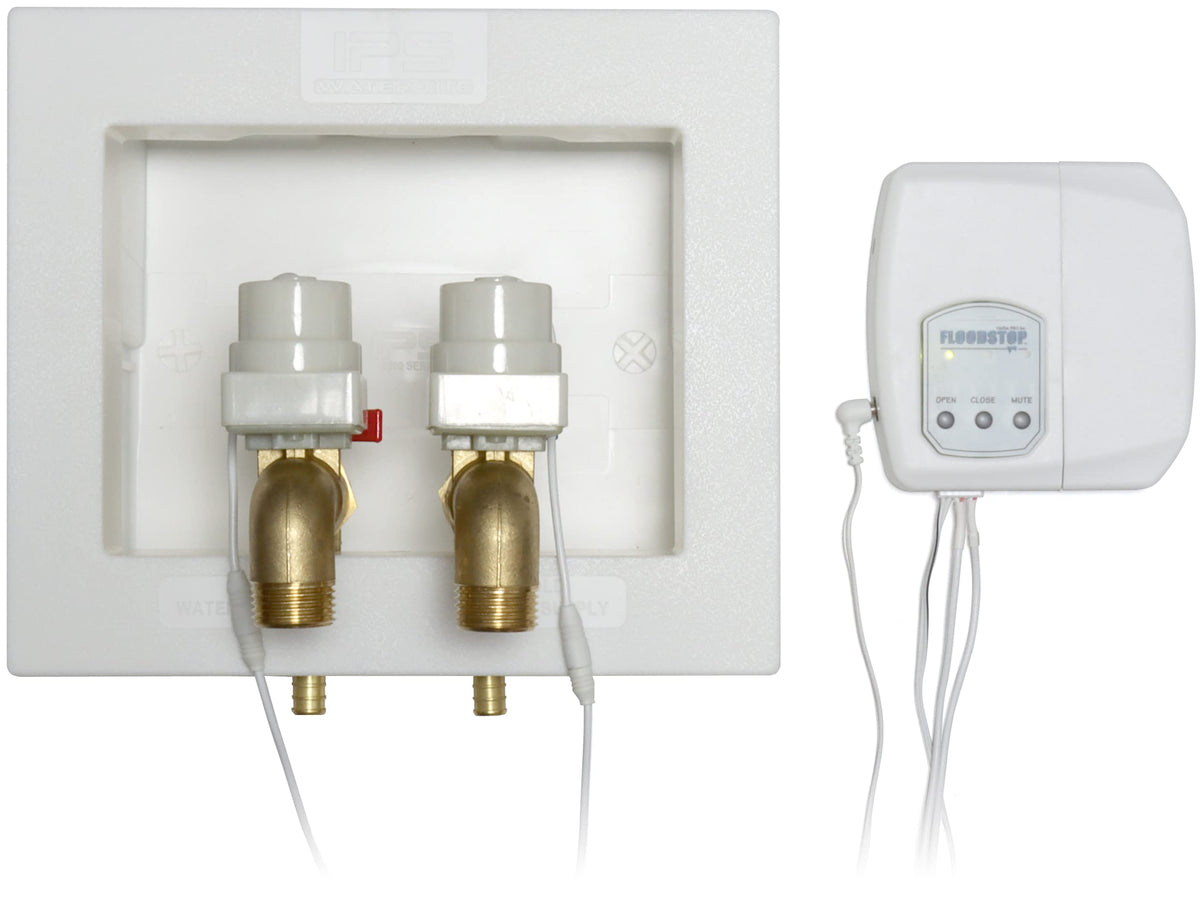 FloodStop Washing Machine Leak Detector Kit with Automatic Water Shut-Off and Visual/Audible Alarms, 3/4" 90deg, Hot & Cold Valves