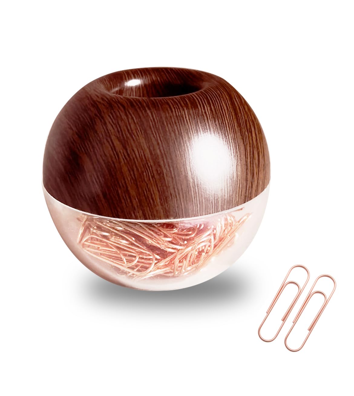 Walnut Wood Paper Clip Holder , Wooden Magnetic Paper Clip Dispenser with Rose Gold PaperClips 100pcs 28mm(1.1") Cute Office Supplies for Desk Organizer